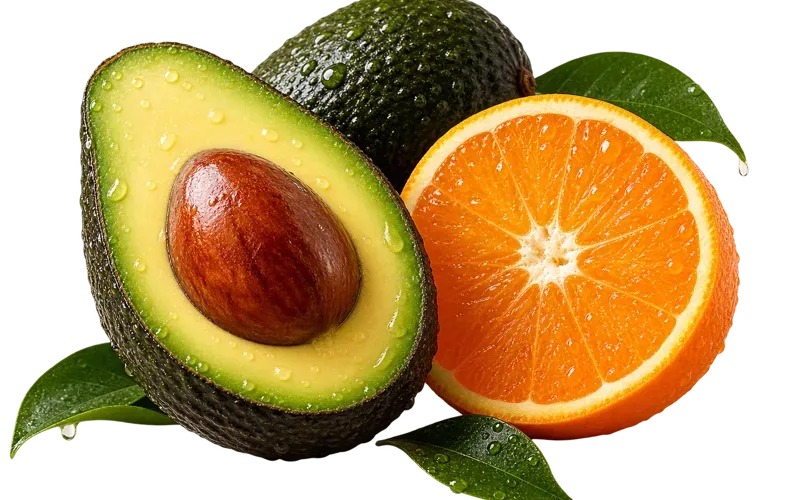 Abacate e laranja cortados ao meio