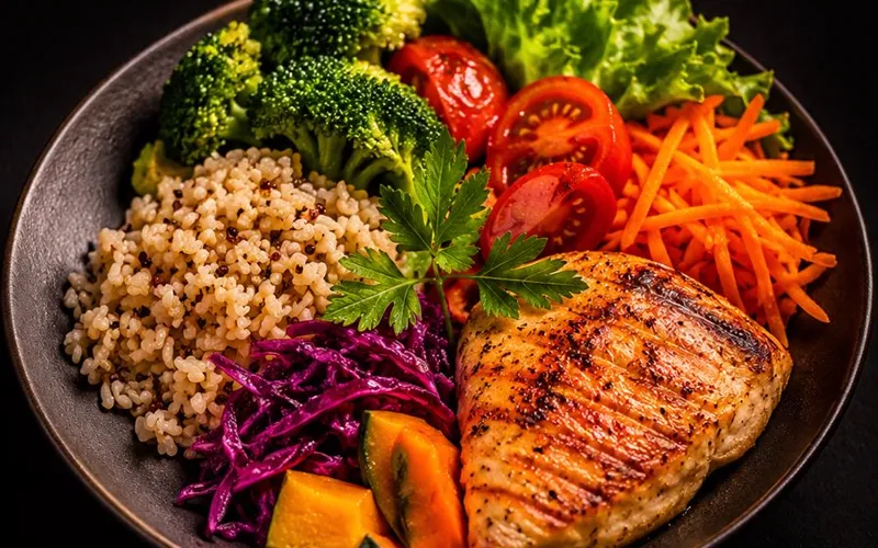 Prato equilibrado com proteína, grãos, legumes e folhas