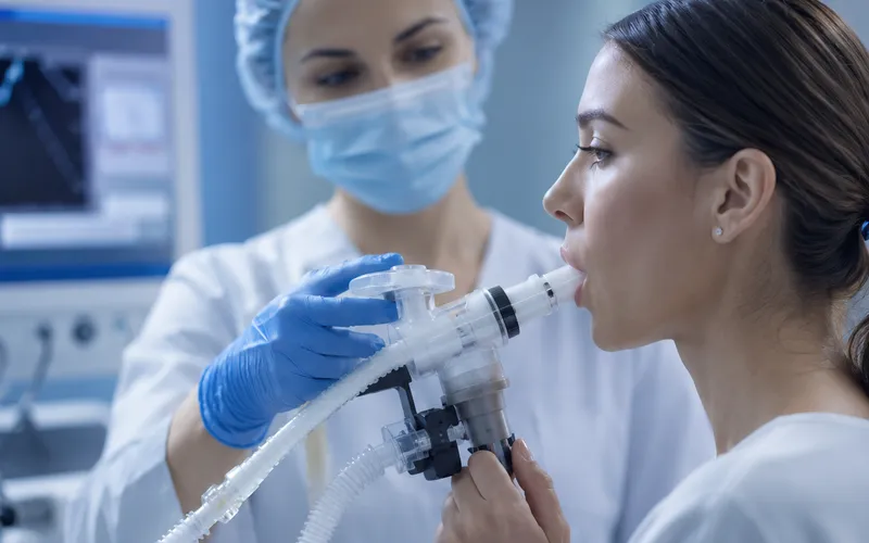 Paciente realizando teste respiratório em ambiente clínico