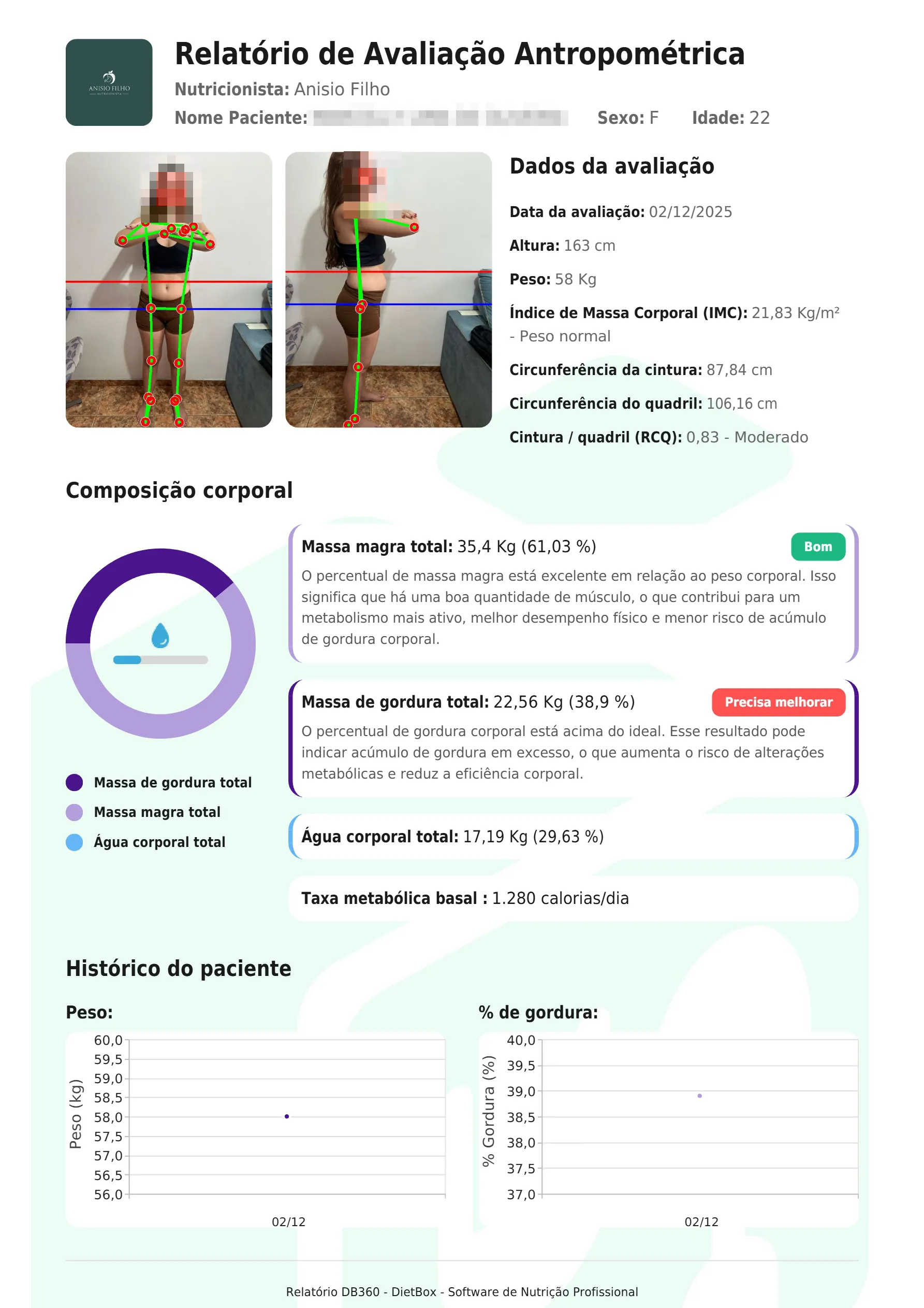 Exemplo real de relatório de avaliação do DB360, com nome e rosto da paciente cobertos
